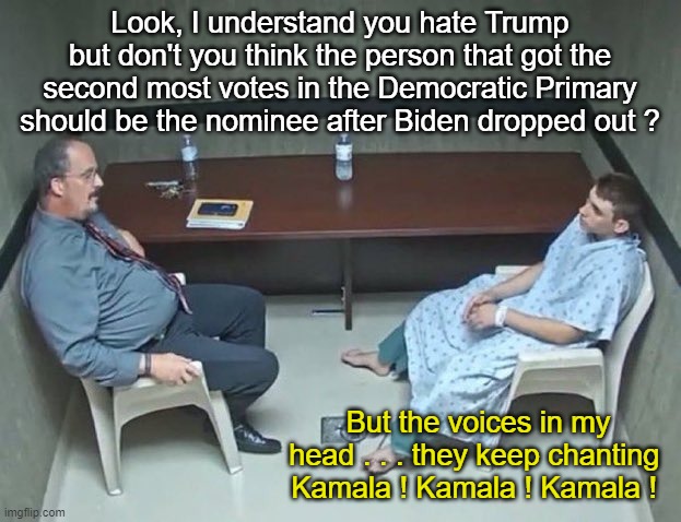 Are the voices chanting "Kamala" in the room with us right now? | Look, I understand you hate Trump but don't you think the person that got the second most votes in the Democratic Primary should be the nominee after Biden dropped out ? But the voices in my head . . . they keep chanting 
Kamala ! Kamala ! Kamala ! | image tagged in are they in the room with us right now,kamala | made w/ Imgflip meme maker