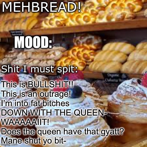 Breadnouncment 3.0 | This is BULLSHIT!!
This is an outrage!
I’m into fat bitches
DOWN WITH THE QUEEN-
WAAAAAIIT!
Does the queen have that gyatt?
Mane shut yo bit- | image tagged in breadnouncment 3 0 | made w/ Imgflip meme maker