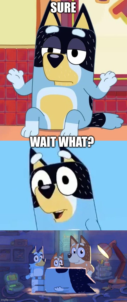 SURE WAIT WHAT? | image tagged in bluey bandit too tired to care,bandit,bluey bingo chili and bandit | made w/ Imgflip meme maker