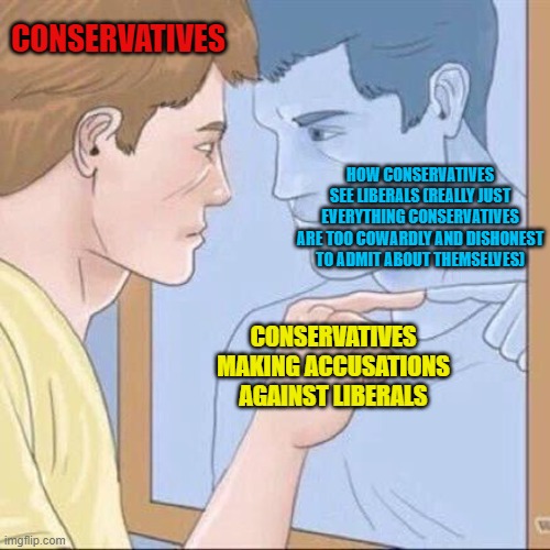 Every conservative accusation is really a confession. | CONSERVATIVES; HOW CONSERVATIVES
SEE LIBERALS (REALLY JUST
EVERYTHING CONSERVATIVES
ARE TOO COWARDLY AND DISHONEST
TO ADMIT ABOUT THEMSELVES); CONSERVATIVES MAKING ACCUSATIONS AGAINST LIBERALS | image tagged in pointing mirror guy,conservative hypocrisy,cowards,dishonest donald,accused,confession | made w/ Imgflip meme maker