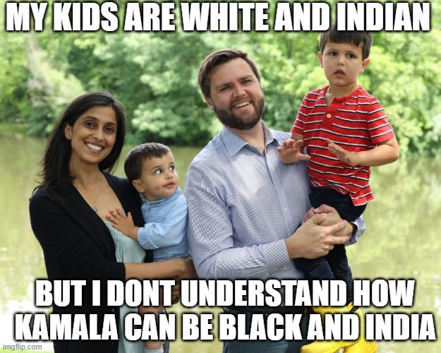 He understands. He's just a racist. | MY KIDS ARE WHITE AND INDIAN; BUT I DONT UNDERSTAND HOW KAMALA CAN BE BLACK AND INDIA | image tagged in vance,mixed,racist,kamala | made w/ Imgflip meme maker