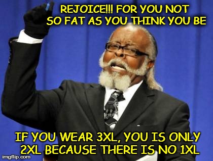 Too Damn High Meme | REJOICE!!! FOR YOU NOT SO FAT AS YOU THINK YOU BE IF YOU WEAR 3XL, YOU IS ONLY 2XL BECAUSE THERE IS NO 1XL | image tagged in memes,too damn high | made w/ Imgflip meme maker