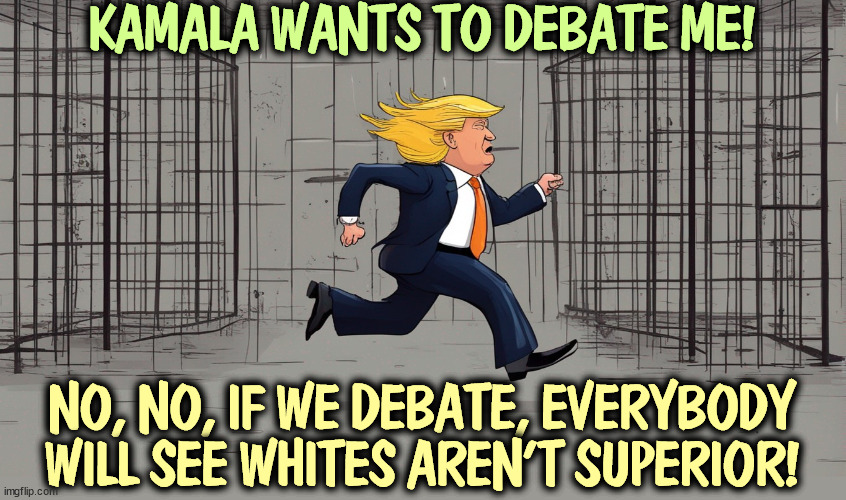 Fraidy cat, scared, weak and old | KAMALA WANTS TO DEBATE ME! NO, NO, IF WE DEBATE, EVERYBODY WILL SEE WHITES AREN'T SUPERIOR! | image tagged in trump,coward,chicken,fraidy cat,kamala harris,debate | made w/ Imgflip meme maker