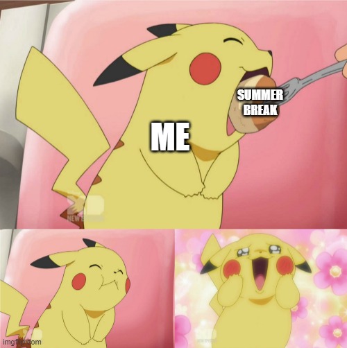 pikachu eating cake | SUMMER BREAK; ME | image tagged in pikachu eating cake | made w/ Imgflip meme maker