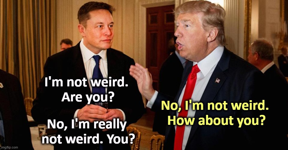 The correct answer is yes. If the word "weird" offends you, substitute the word "creepy." | I'm not weird. 
Are you? No, I'm not weird. 
How about you? No, I'm really 
not weird. You? | image tagged in donald trump,elon musk,weird | made w/ Imgflip meme maker