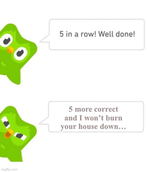 You must to be safe… | 5 more correct and I won’t burn your house down… | image tagged in duolingo 5 in a row,dark humor | made w/ Imgflip meme maker