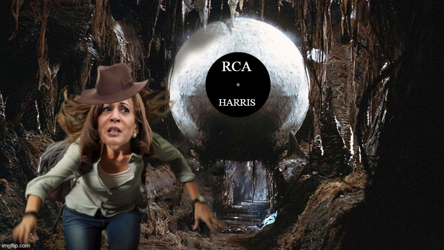 "Indiana Harris" ( the youtes will not get it) | RCA; HARRIS | image tagged in harris running from record meme | made w/ Imgflip meme maker