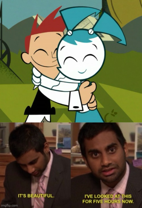 This is undoubtedly one of the cutest moments I had ever seen... | image tagged in i've looked at this for 5 hours now,hugs,hug meme,my life as a teenage robot,memes,cuteness overload | made w/ Imgflip meme maker