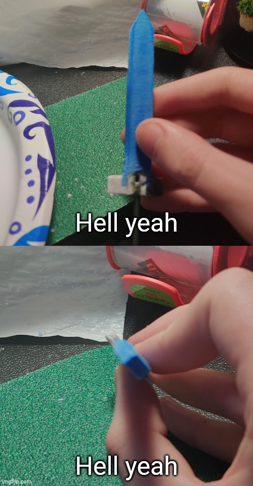 A little hard to see but it's going pretty well now that I have sandpaper. The edge is consistent all the way down the blade | Hell yeah; Hell yeah | made w/ Imgflip meme maker
