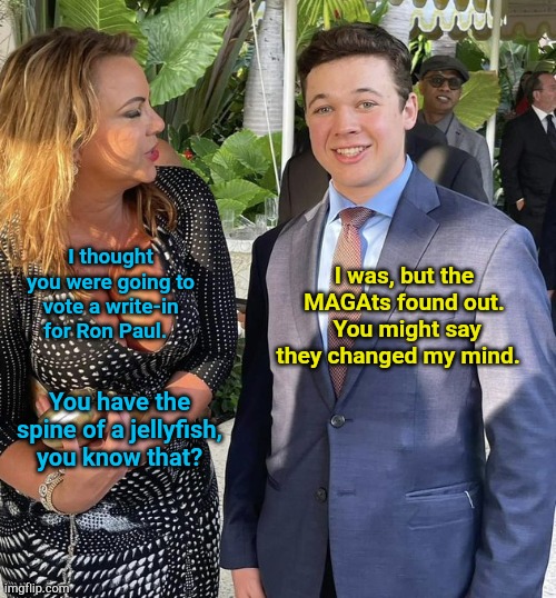 Death threats?  Wouldn't be surprised. | I was, but the MAGAts found out.  You might say they changed my mind. I thought you were going to vote a write-in for Ron Paul. You have the spine of a jellyfish, you know that? | image tagged in kyle rittenhouse lara logan | made w/ Imgflip meme maker