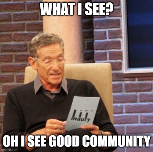 artela meme | WHAT I SEE? OH I SEE GOOD COMMUNITY | image tagged in memes,maury lie detector | made w/ Imgflip meme maker