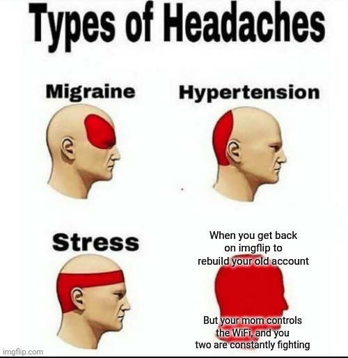 I'll get there someday... | When you get back on imgflip to rebuild your old account; But your mom controls the WiFi, and you two are constantly fighting | image tagged in types of headaches meme,deleted accounts,wifi,mom | made w/ Imgflip meme maker