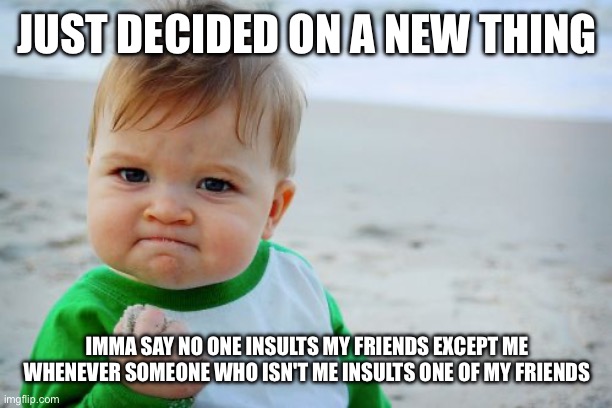 Success Kid Original Meme | JUST DECIDED ON A NEW THING; IMMA SAY NO ONE INSULTS MY FRIENDS EXCEPT ME WHENEVER SOMEONE WHO ISN'T ME INSULTS ONE OF MY FRIENDS | image tagged in memes,success kid original | made w/ Imgflip meme maker