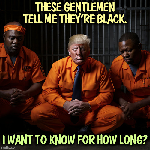 Somebody needs to look into this. | THESE GENTLEMEN TELL ME THEY'RE BLACK. I WANT TO KNOW FOR HOW LONG? | image tagged in trump,racist,bigot,prison,jail | made w/ Imgflip meme maker