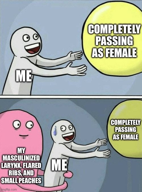 Passing moment | COMPLETELY PASSING AS FEMALE; ME; COMPLETELY PASSING AS FEMALE; MY MASCULINIZED LARYNX, FLARED RIBS, AND SMALL PEACHES; ME | image tagged in memes,running away balloon,peaches,trans,lgbt | made w/ Imgflip meme maker