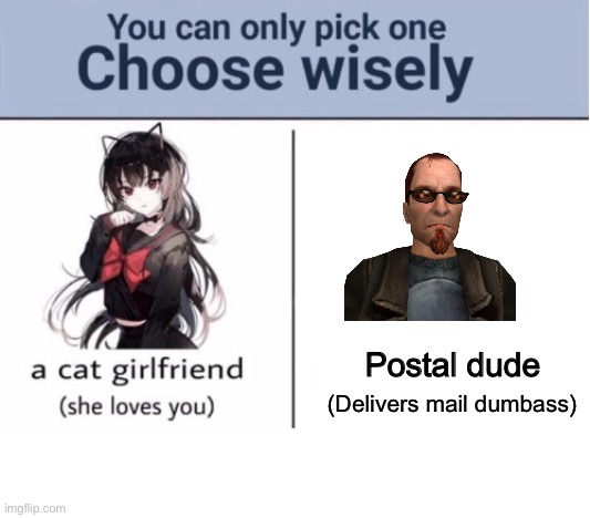 Not that funny ik, im tired lmao | Postal dude; (Delivers mail dumbass) | image tagged in choose wisely | made w/ Imgflip meme maker