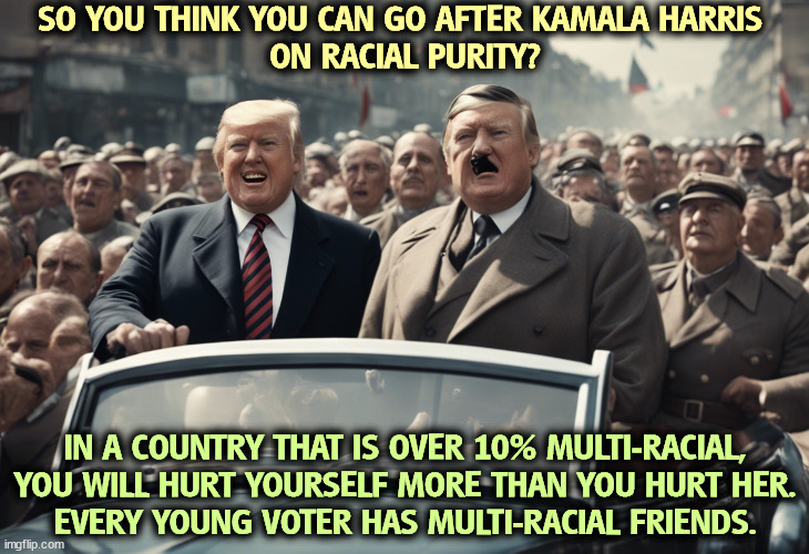 Wrong century, DonOld. | SO YOU THINK YOU CAN GO AFTER KAMALA HARRIS 
ON RACIAL PURITY? IN A COUNTRY THAT IS OVER 10% MULTI-RACIAL, YOU WILL HURT YOURSELF MORE THAN YOU HURT HER.
EVERY YOUNG VOTER HAS MULTI-RACIAL FRIENDS. | image tagged in trump,racist,hitler,nazi,loser,kamala harris | made w/ Imgflip meme maker