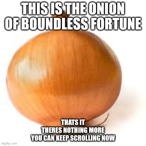 Onion | THIS IS THE ONION OF BOUNDLESS FORTUNE; THATS IT
THERES NOTHING MORE
YOU CAN KEEP SCROLLING NOW | image tagged in onion | made w/ Imgflip meme maker