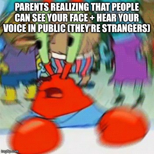 my crabs | PARENTS REALIZING THAT PEOPLE CAN SEE YOUR FACE + HEAR YOUR VOICE IN PUBLIC (THEY’RE STRANGERS) | image tagged in my crabs | made w/ Imgflip meme maker