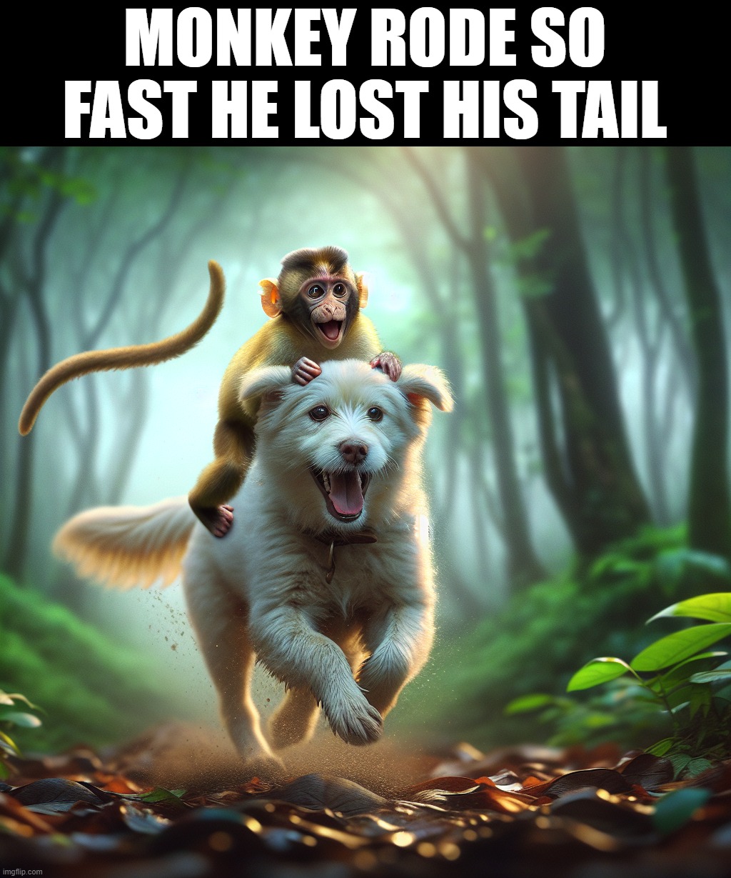 lost my tail | MONKEY RODE SO FAST HE LOST HIS TAIL | image tagged in monkey riding dog | made w/ Imgflip meme maker