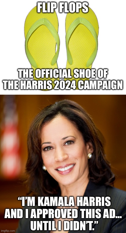 FLIP FLOPS; THE OFFICIAL SHOE OF THE HARRIS 2024 CAMPAIGN; “I’M KAMALA HARRIS AND I APPROVED THIS AD… 
UNTIL I DIDN’T.” | image tagged in flip flops,kamala harris | made w/ Imgflip meme maker