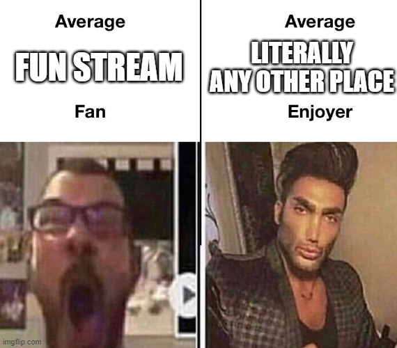 Average Fan vs. Average Enjoyer | LITERALLY ANY OTHER PLACE; FUN STREAM | image tagged in average fan vs average enjoyer | made w/ Imgflip meme maker