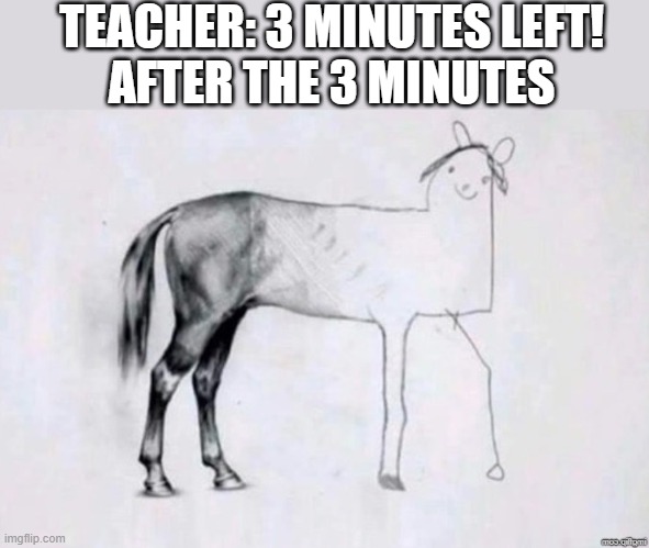 Horse Drawing | TEACHER: 3 MINUTES LEFT!
AFTER THE 3 MINUTES | image tagged in horse drawing | made w/ Imgflip meme maker