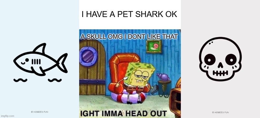 I HAVE A PET SHARK OK; A SKULL OMG I DONT LIKE THAT | image tagged in cute shark,memes,spongebob ight imma head out,cute skull | made w/ Imgflip meme maker