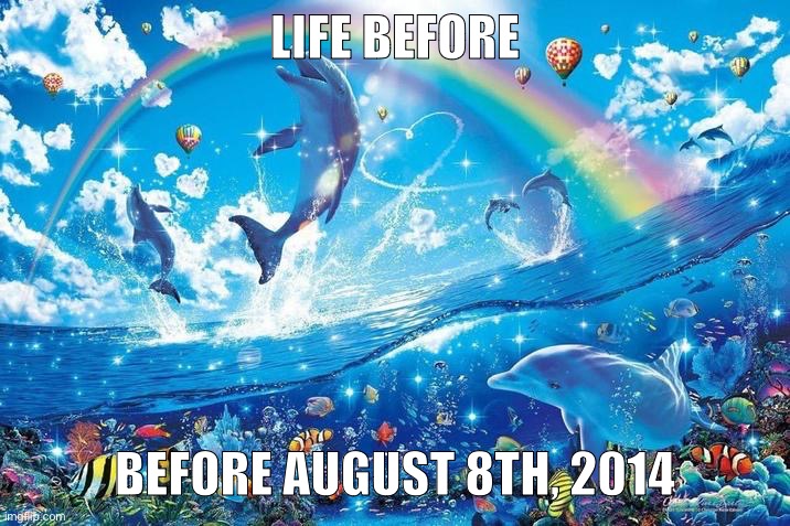 Happy dolphin rainbow | LIFE BEFORE; BEFORE AUGUST 8TH, 2014 | image tagged in happy dolphin rainbow | made w/ Imgflip meme maker
