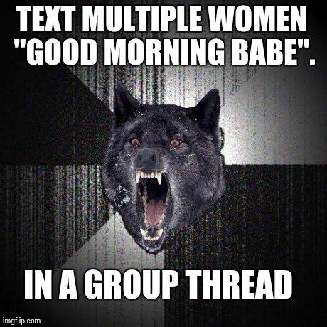 Insanity Wolf Meme | TEXT MULTIPLE WOMEN "GOOD MORNING BABE". IN A GROUP THREAD | image tagged in memes,insanity wolf,AdviceAnimals | made w/ Imgflip meme maker