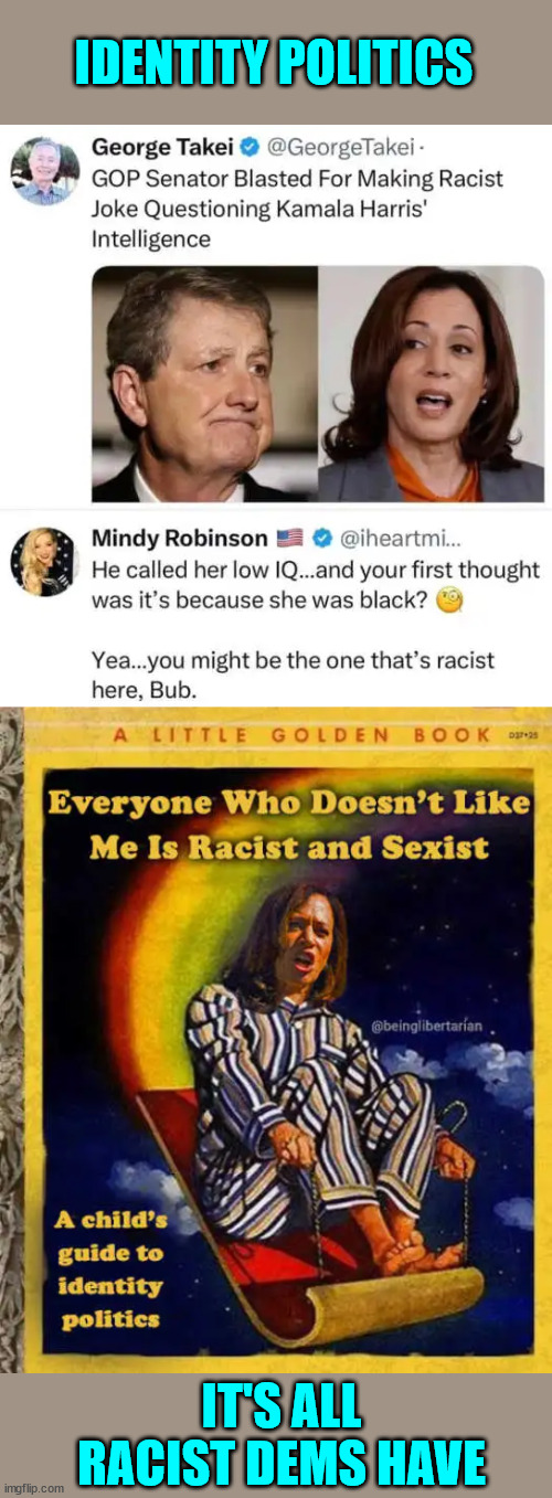 The identity politics of the left...  show off their racism... | IDENTITY POLITICS; IT'S ALL RACIST DEMS HAVE | image tagged in racist,dem,identity politics | made w/ Imgflip meme maker