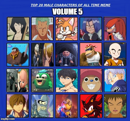 top 20 favorite male characters volume 5 | image tagged in 20 male characters volume 5,top 10,favorites,anime,movies,video games | made w/ Imgflip meme maker