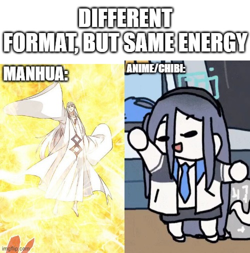 Blank White Template | DIFFERENT FORMAT, BUT SAME ENERGY; ANIME/CHIBI:; MANHUA: | image tagged in same energy,anime,original meme,memes,video games,china | made w/ Imgflip meme maker