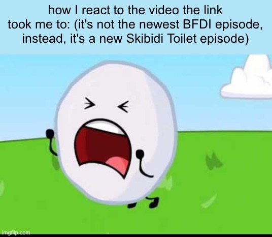 BFDI Snowball NOOOOO | how I react to the video the link took me to: (it's not the newest BFDI episode, instead, it's a new Skibidi Toilet episode) | image tagged in bfdi snowball nooooo | made w/ Imgflip meme maker