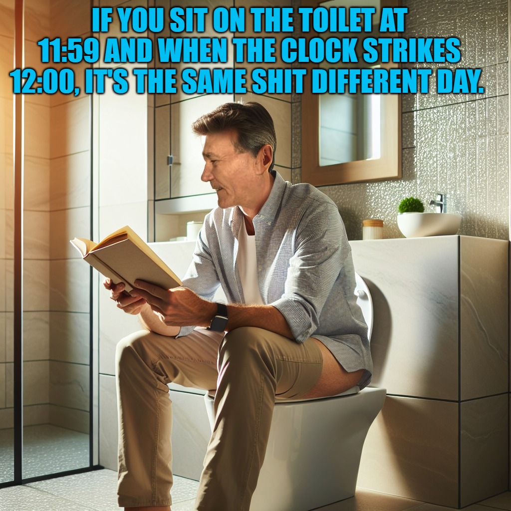 IF YOU SIT ON THE TOILET AT 11:59 AND WHEN THE CLOCK STRIKES 12:00, IT'S THE SAME SHIT DIFFERENT DAY. | made w/ Imgflip meme maker