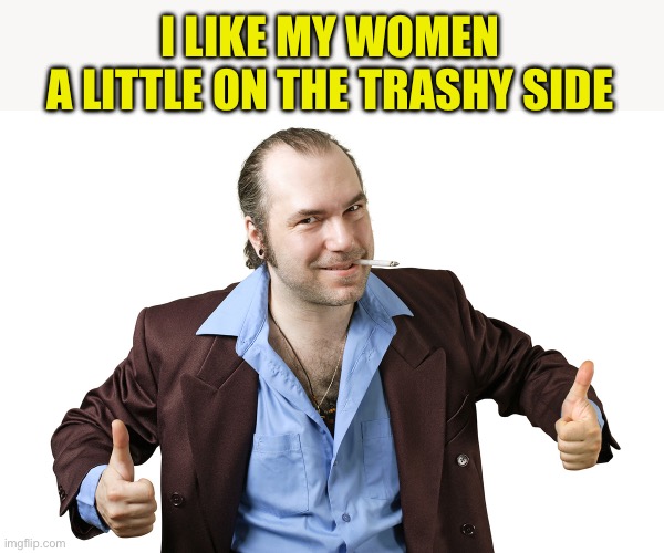 sleazy sales guy | I LIKE MY WOMEN 
A LITTLE ON THE TRASHY SIDE | image tagged in sleazy sales guy | made w/ Imgflip meme maker