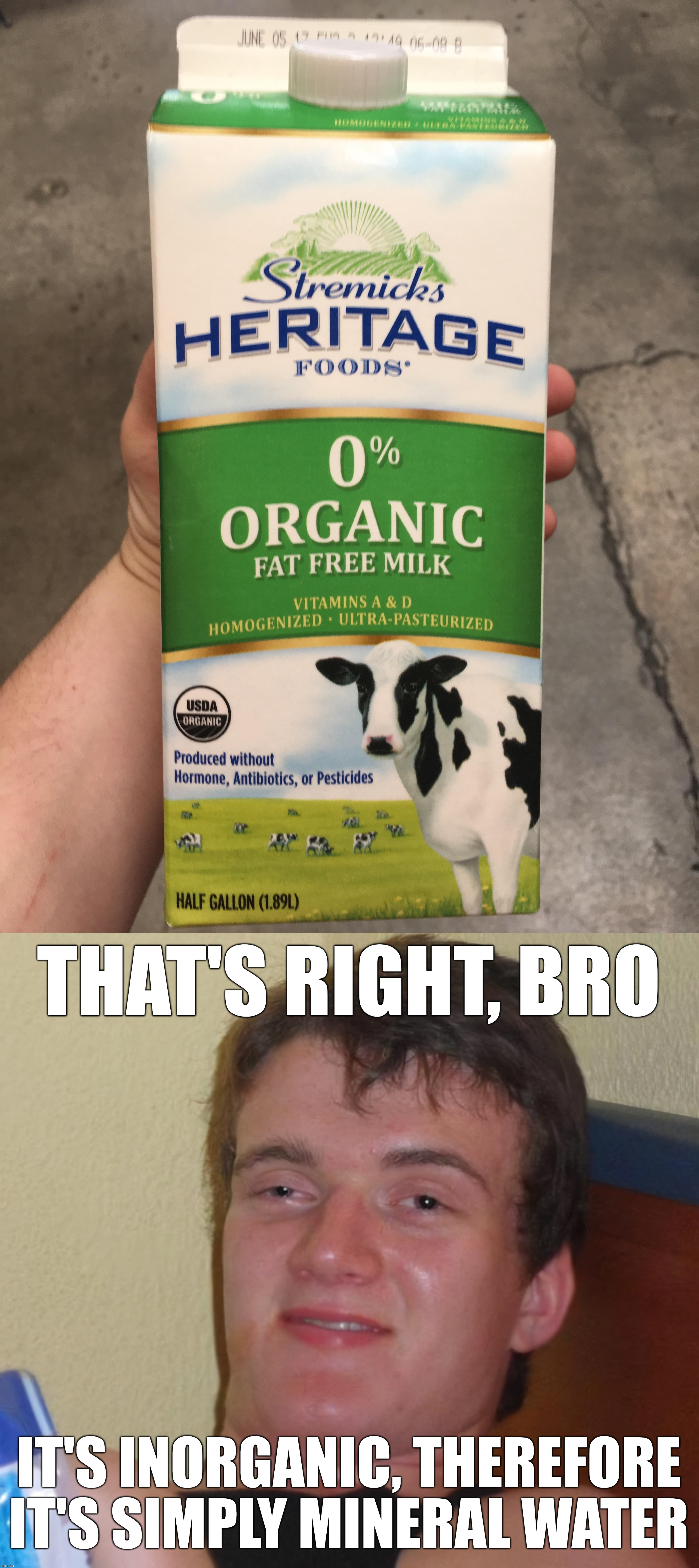 Inorganic - it means minus the vitamins, protein and carbohydrates as well. | image tagged in milk,organic chemistry,10 guy,facepalm,organic,chemistry | made w/ Imgflip meme maker