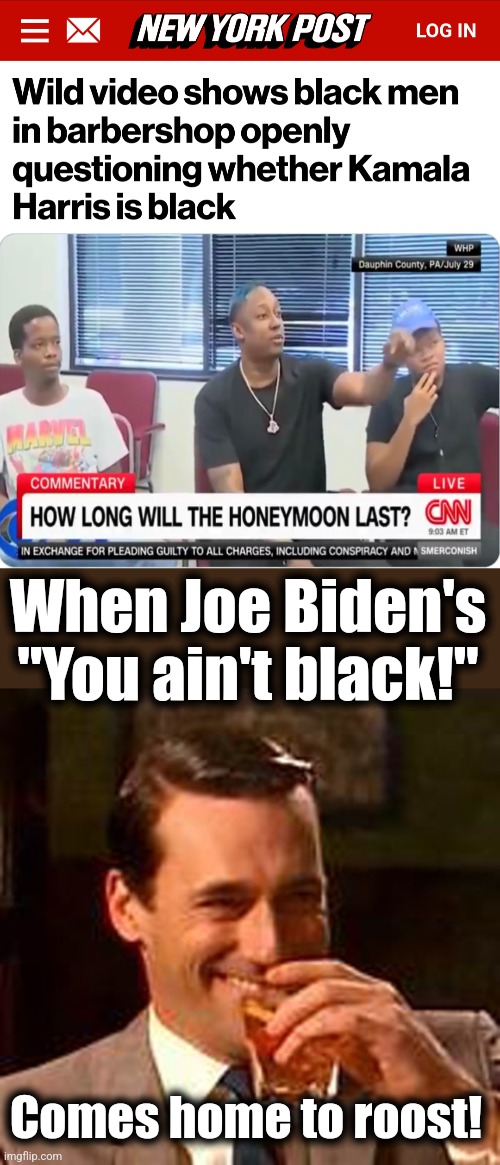 What goes around comes around | When Joe Biden's "You ain't black!"; Comes home to roost! | image tagged in jon hamm mad men,memes,kamala harris,you ain't black,democrats | made w/ Imgflip meme maker