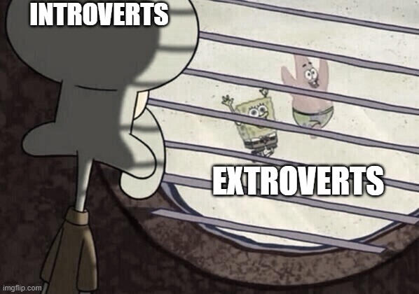 Squidward window | INTROVERTS; EXTROVERTS | image tagged in squidward window,introverts | made w/ Imgflip meme maker