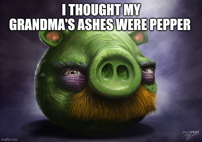 Realistic angry birds | I THOUGHT MY GRANDMA'S ASHES WERE PEPPER | image tagged in realistic angry birds | made w/ Imgflip meme maker