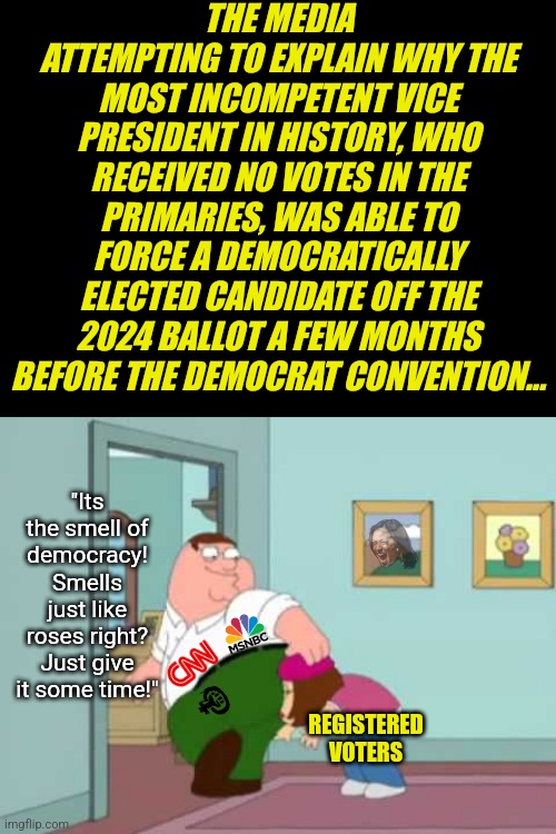 Seeing Kamala "giggles" Harris on the ticket is like finding your front door kicked in and a stranger using your shower... | THE MEDIA ATTEMPTING TO EXPLAIN WHY THE MOST INCOMPETENT VICE PRESIDENT IN HISTORY, WHO RECEIVED NO VOTES IN THE PRIMARIES, WAS ABLE TO FORCE A DEMOCRATICALLY ELECTED CANDIDATE OFF THE 2024 BALLOT A FEW MONTHS BEFORE THE DEMOCRAT CONVENTION... "Its the smell of democracy! Smells just like roses right? Just give it some time!"; REGISTERED VOTERS | image tagged in peter griffin farting in meg's face,kamala harris,cheating,liberal hypocrisy,stupid liberals,mainstream media | made w/ Imgflip meme maker