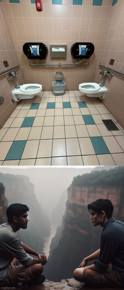 Toilets stare off | image tagged in two guys sitting together on a ledge dark rainy staring off i,toilets,toilet,you had one job,memes,restroom | made w/ Imgflip meme maker