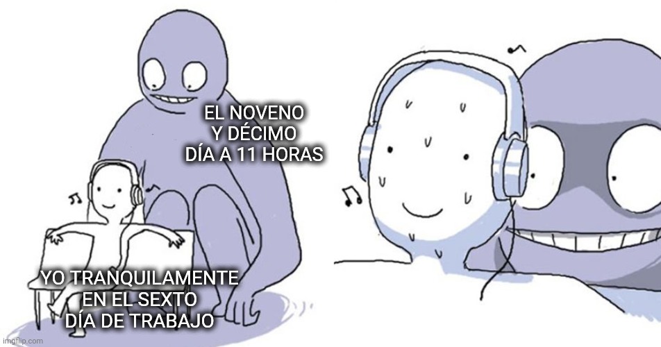 monster behind me | EL NOVENO Y DÉCIMO DÍA A 11 HORAS; YO TRANQUILAMENTE EN EL SEXTO
 DÍA DE TRABAJO | image tagged in monster behind me,ib | made w/ Imgflip meme maker