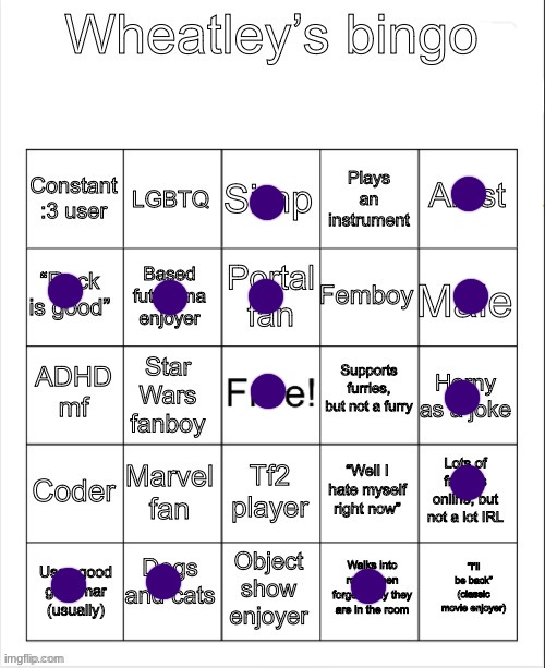 Wheatleys bingo | image tagged in wheatleys bingo | made w/ Imgflip meme maker