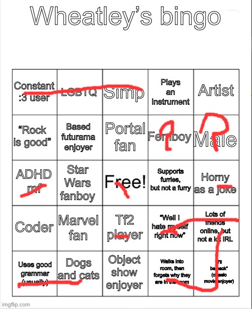 Idk what tf i am atp | image tagged in wheatleys bingo | made w/ Imgflip meme maker