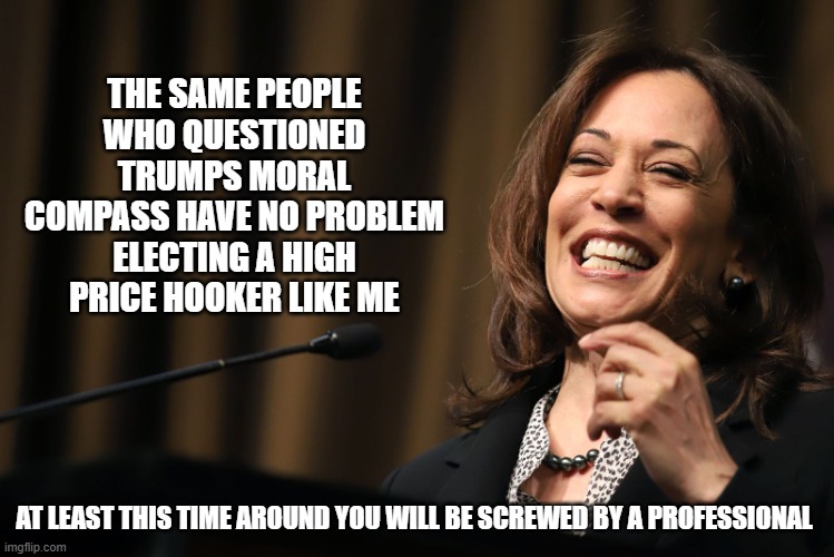 We all have a past | THE SAME PEOPLE WHO QUESTIONED TRUMPS MORAL COMPASS HAVE NO PROBLEM ELECTING A HIGH PRICE HOOKER LIKE ME; AT LEAST THIS TIME AROUND YOU WILL BE SCREWED BY A PROFESSIONAL | image tagged in kamala harris laughing,we all have a past,liberal hypocrisy,moral compass,democrat war on america,going low as a democrat | made w/ Imgflip meme maker