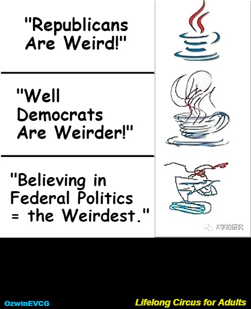 Lifelong Circus for Adults | "Republicans 

   Are Weird!"; "Well 

  Democrats 

  Are Weirder!"; "Believing in 

 Federal Politics 

 = the Weirdest."; Lifelong Circus for Adults; OzwinEVCG | image tagged in three level of java developer,democrat party,republican party,rigged elections,political circus,occupied usa | made w/ Imgflip meme maker