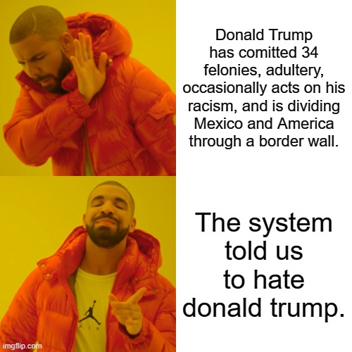 Drake Hotline Bling Meme | Donald Trump has comitted 34 felonies, adultery, occasionally acts on his racism, and is dividing Mexico and America through a border wall. The system told us to hate donald trump. | image tagged in memes,drake hotline bling | made w/ Imgflip meme maker