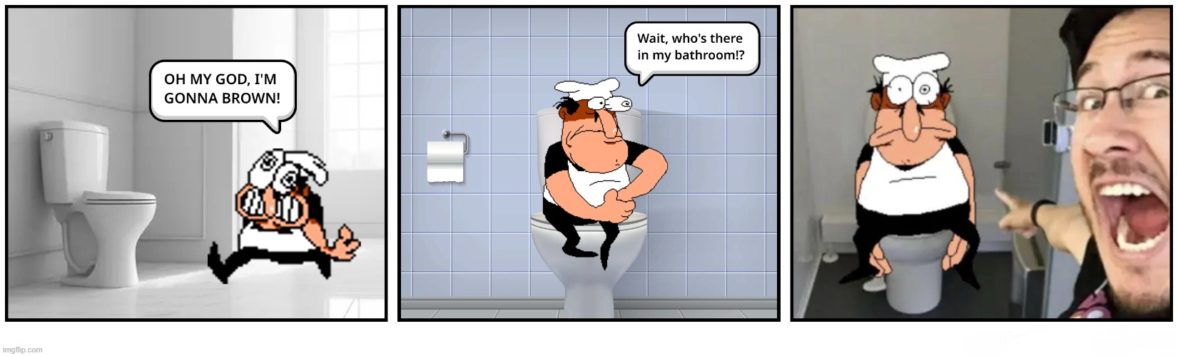 Peppino goes into the wrong bathroom (Pizza Comics) | image tagged in funny,memes,pizza tower,comics | made w/ Imgflip meme maker