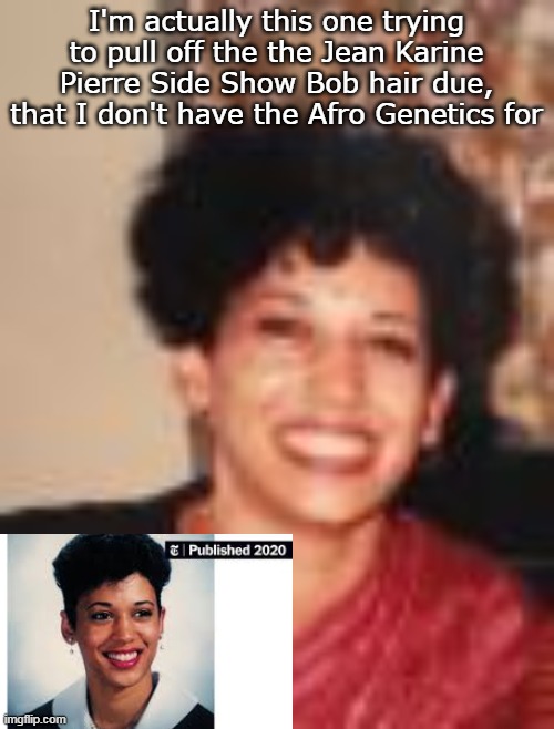 I'm actually this one trying to pull off the the Jean Karine Pierre Side Show Bob hair due, that I don't have the Afro Genetics for | made w/ Imgflip meme maker